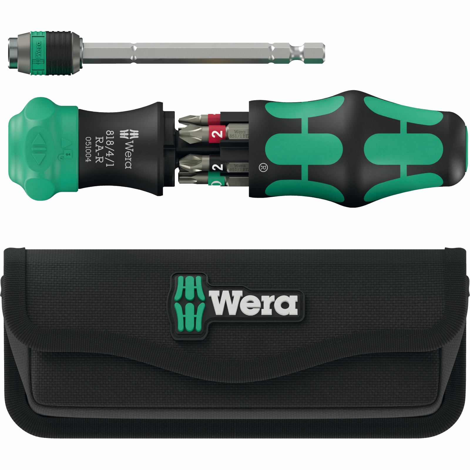Ratcheting Bit-holding Handle with 6-Bit Magazine and Pouch – ¼”